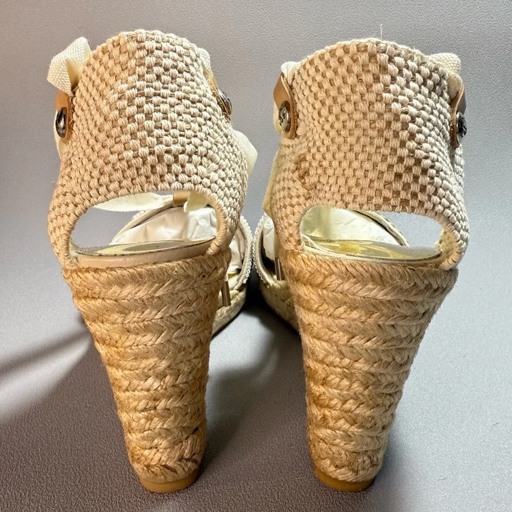 Donald J. Pliner New Elsa Cream and Gold Beaded Wedge Espadrille Sandles